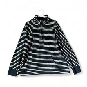 LL Bean Womens 2X Plus Navy Blue White Striped Quarter Zip Pullover Sweatshirt